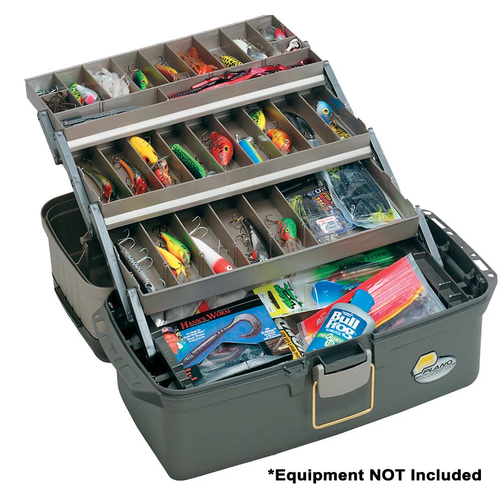 Plano Guide Series Tray Tackle Box in graphite and sandstone with multiple storage trays for fishing tackle organization.
