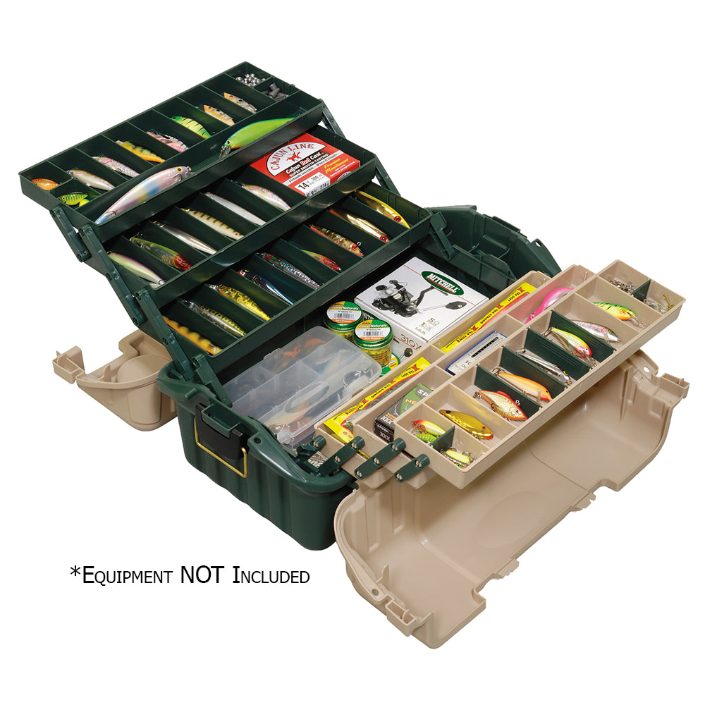 Plano Hip Roof Tackle Box with 6 trays in green and sandstone, durable tackle storage for fishing gear.