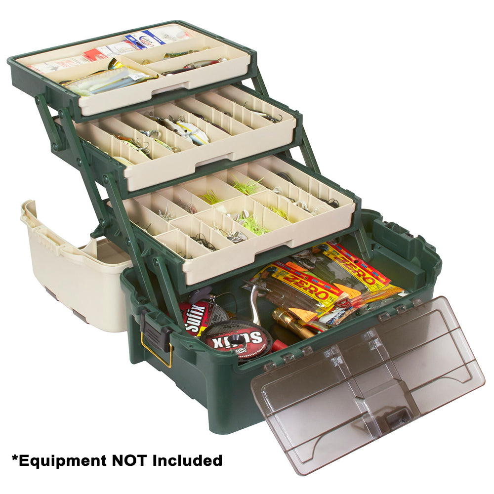 Plano Hybrid Hip 3-Tray Tackle Box in forest green showing multiple storage trays and secure latch for fishing tackle organization