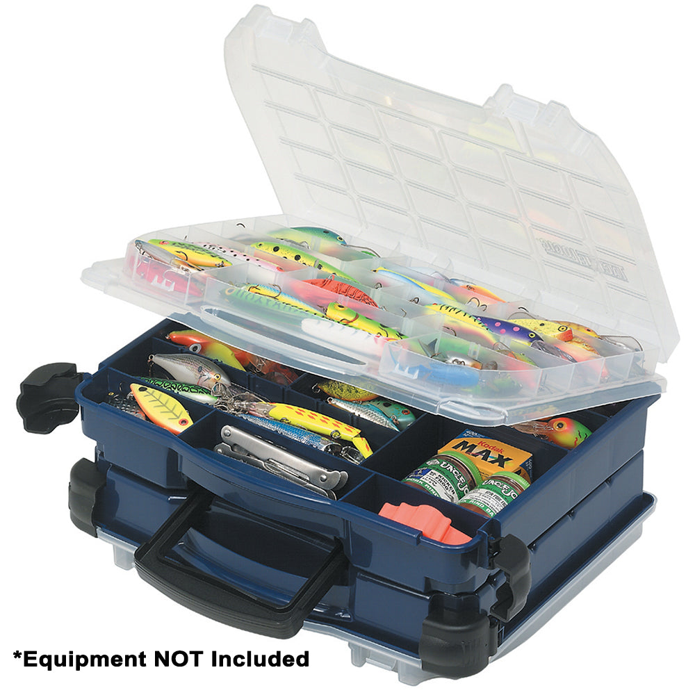 Plano Lockjaw Double Satchel tackle storage bag in blue with multiple compartments for fishing gear organization.