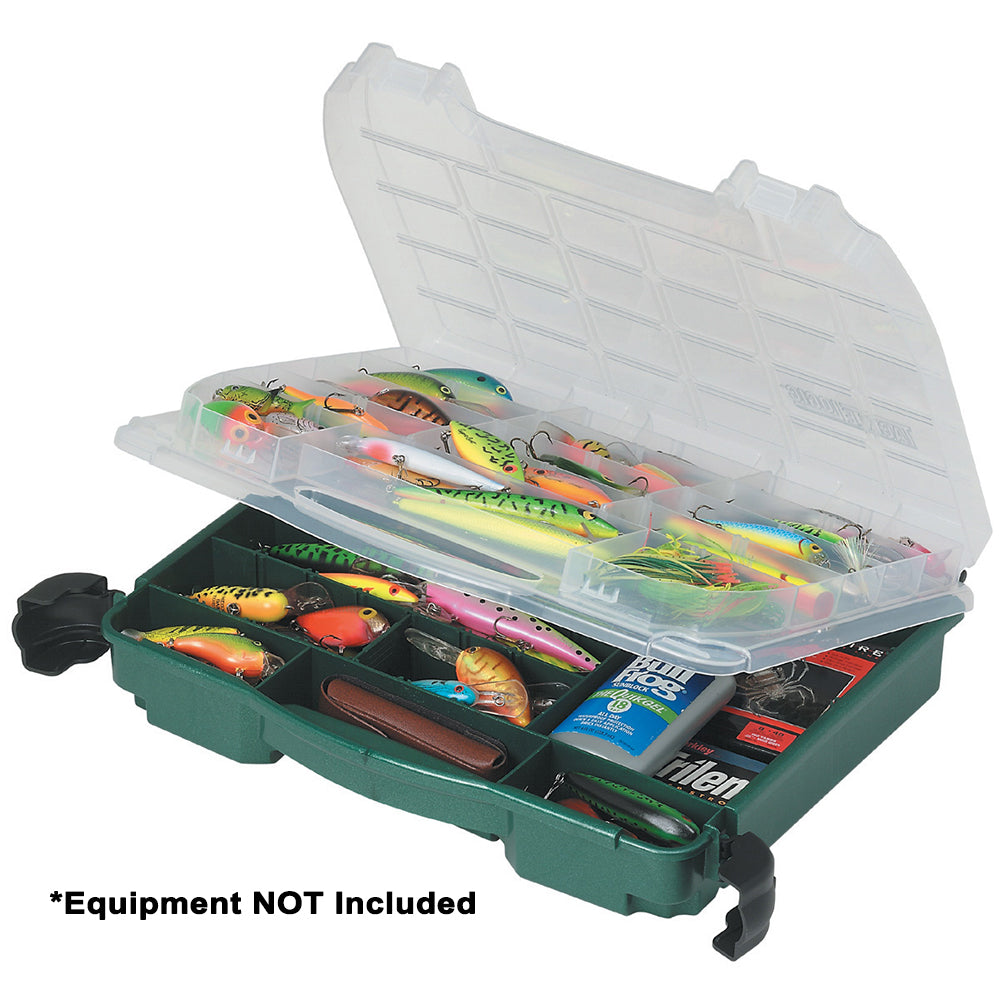 Green Plano Lockjaw Satchel tackle storage box with secure latch and multiple compartments for fishing gear organization.