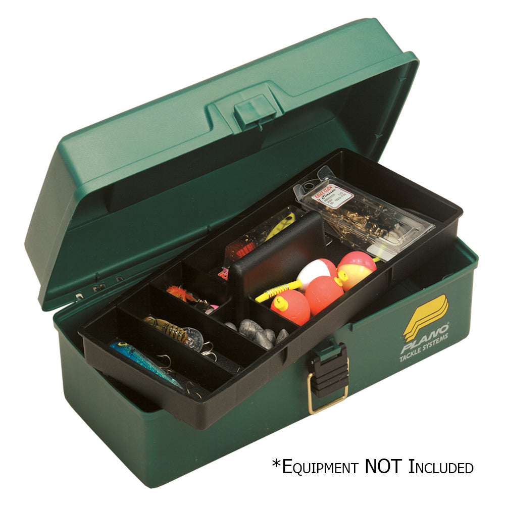 Green Plano One-Tray Tackle Box for fishing tackle storage with a single tray, compact and durable design.
