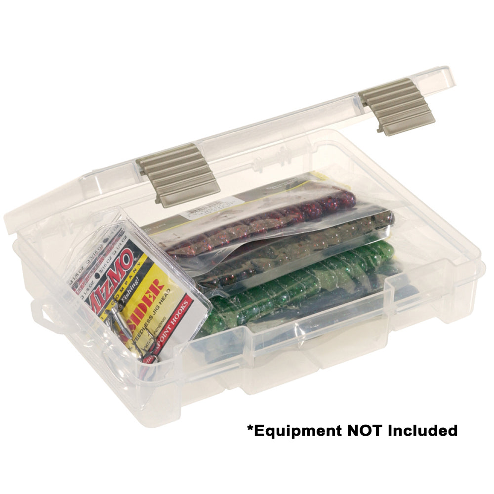 Plano ProLatch open-compartment tackle storage box, clear plastic, half-size Stowaway 3700 for fishing gear organization.