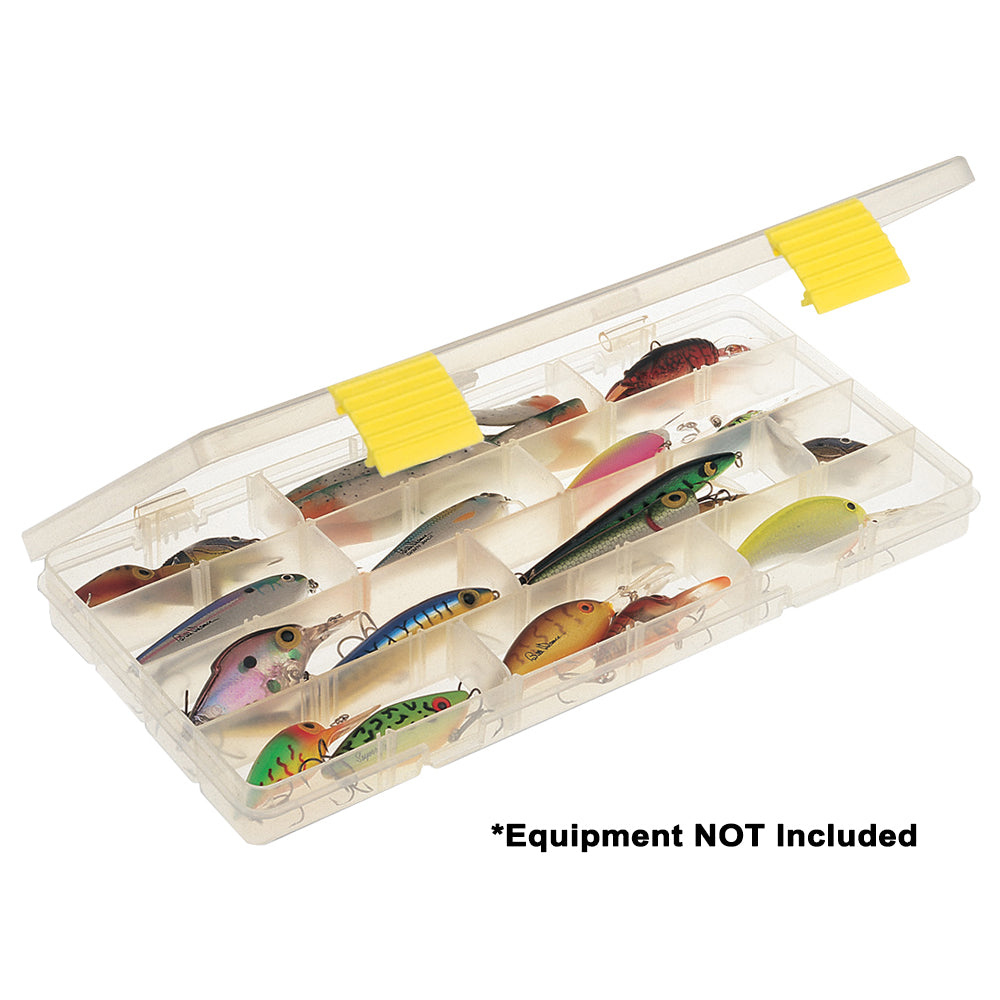 Plano ProLatch Thin Stowaway 3600 tackle storage box in clear plastic with secure latch and multiple compartments.