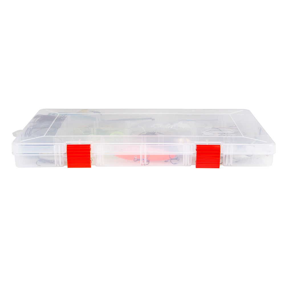 Plano Rustrictor 3700 Thin Stowaway tackle storage box with secure latches and multiple compartments for fishing gear organization.