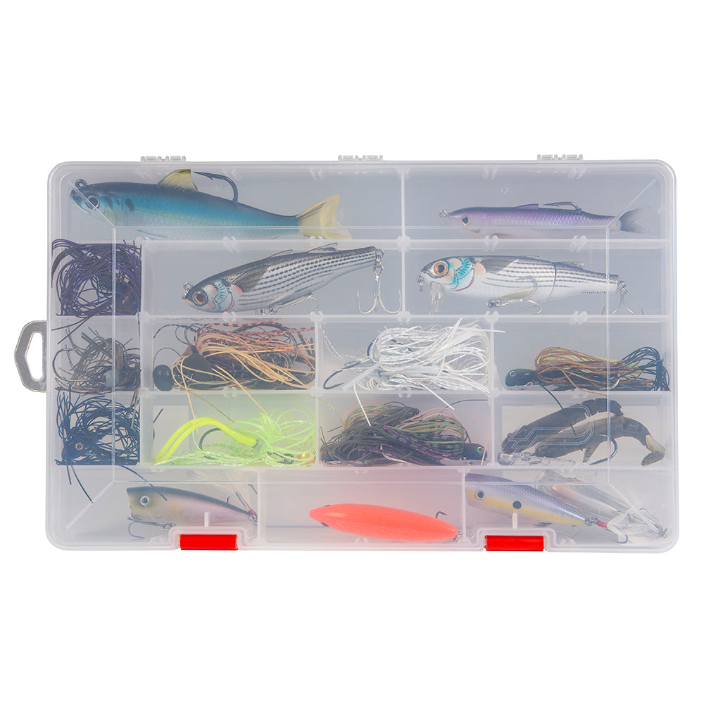 Plano Rustrictor 3700 Thin Stowaway tackle storage box with secure latches and multiple compartments for fishing gear organization.