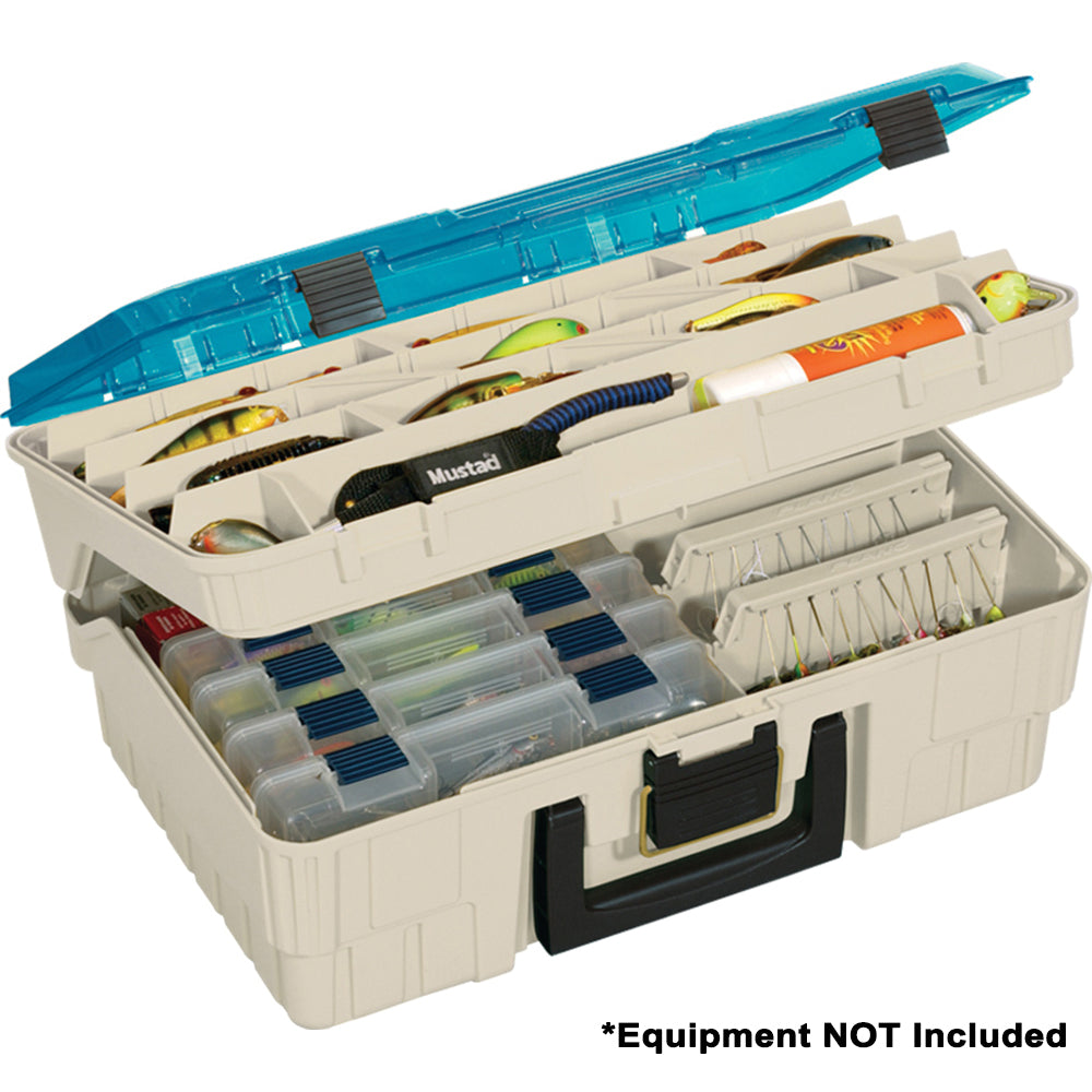 Plano Two-Tier Magnum Satchel XL tackle storage bag in beige and blue with multiple compartments for organized fishing gear.