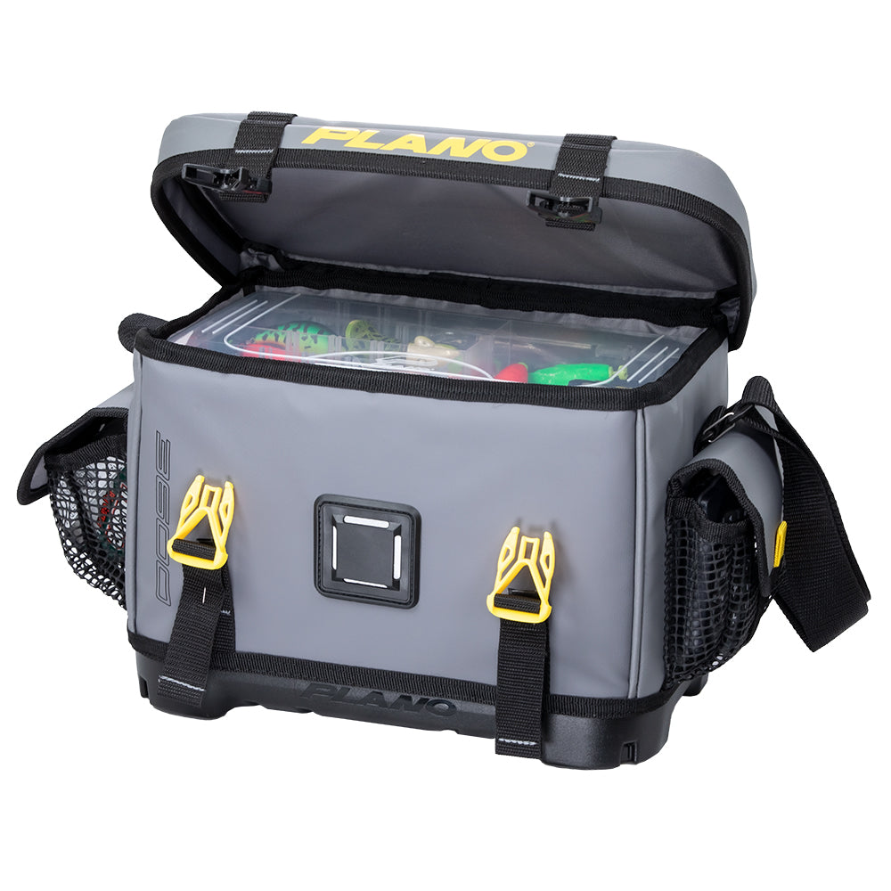 Plano Z-Series 3600 tackle storage bag with waterproof base, durable plastic tackle box for fishing gear organization.