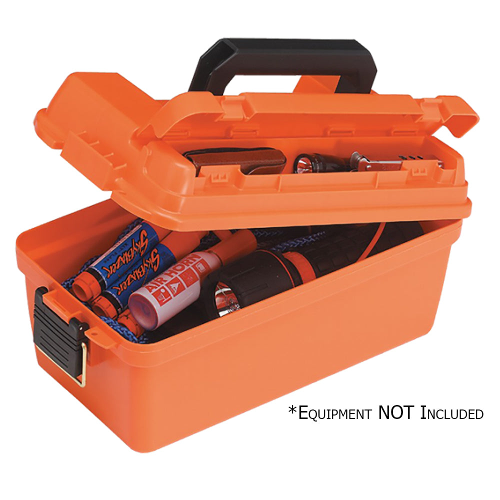 Plano small shallow emergency dry storage supply box in bright orange, waterproof case for safe storage.