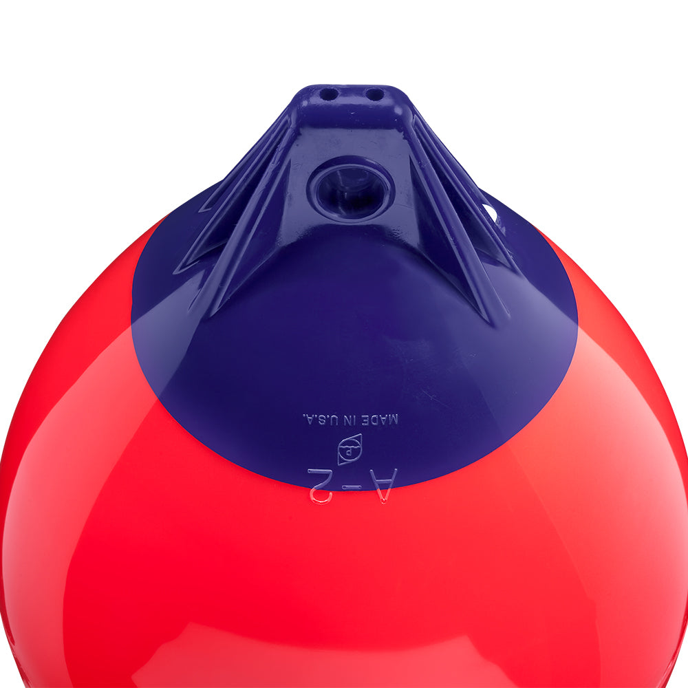 Red Polyform A-2 buoy with 14.5-inch diameter, made by Polyform U.S., floating on water for marine navigation.