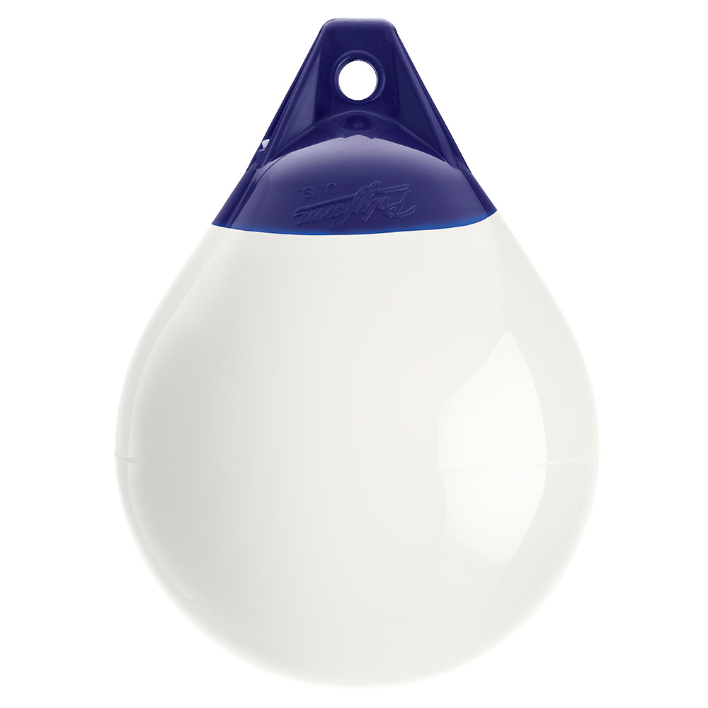 White Polyform A-2 buoy with 14.5-inch diameter, made by Polyform U.S., floating on water for marine safety and marking.