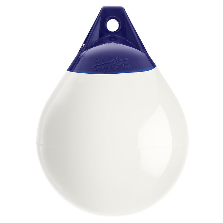 White Polyform A-2 buoy with 14.5-inch diameter, made by Polyform U.S., floating on water for marine safety and marking.