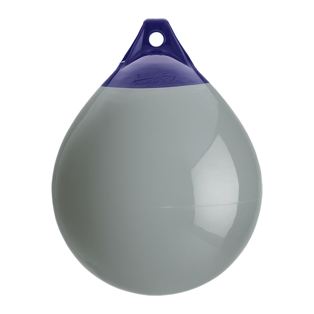 Grey Polyform A-3 buoy, 17-inch diameter, made by Polyform U.S., floating marine safety and navigation buoy.