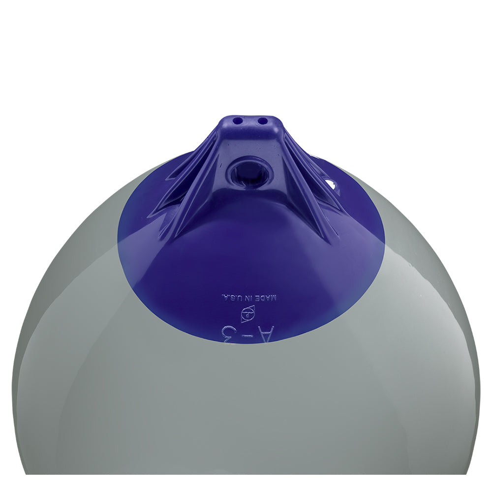 Grey Polyform A-3 buoy with 17-inch diameter, made by Polyform U.S., floating on water for maritime or safety use.