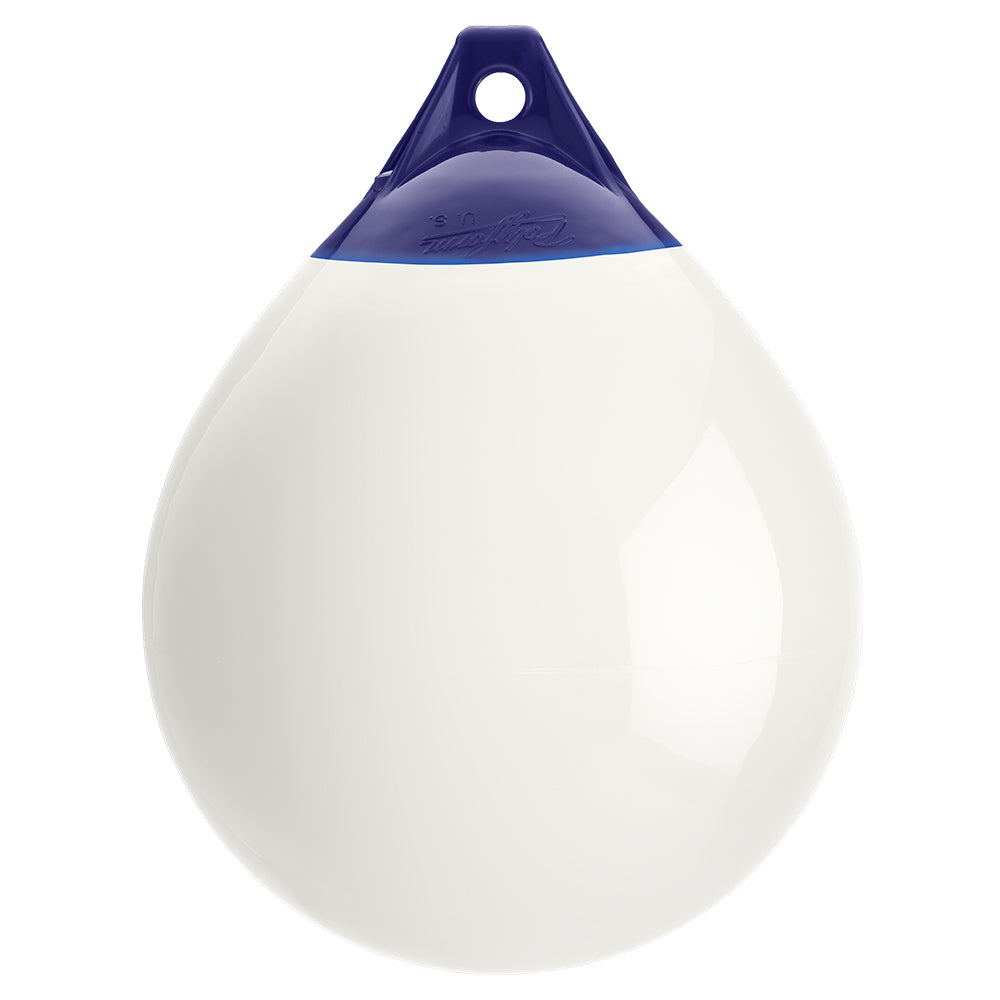 White Polyform A-3 buoy with 17-inch diameter, used for marine navigation and safety.