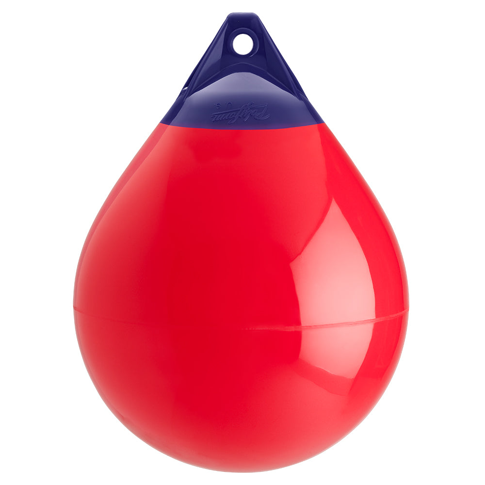 Red Polyform A-4 buoy with 20.5-inch diameter, made by Polyform U.S., floating in water with reflective surface.