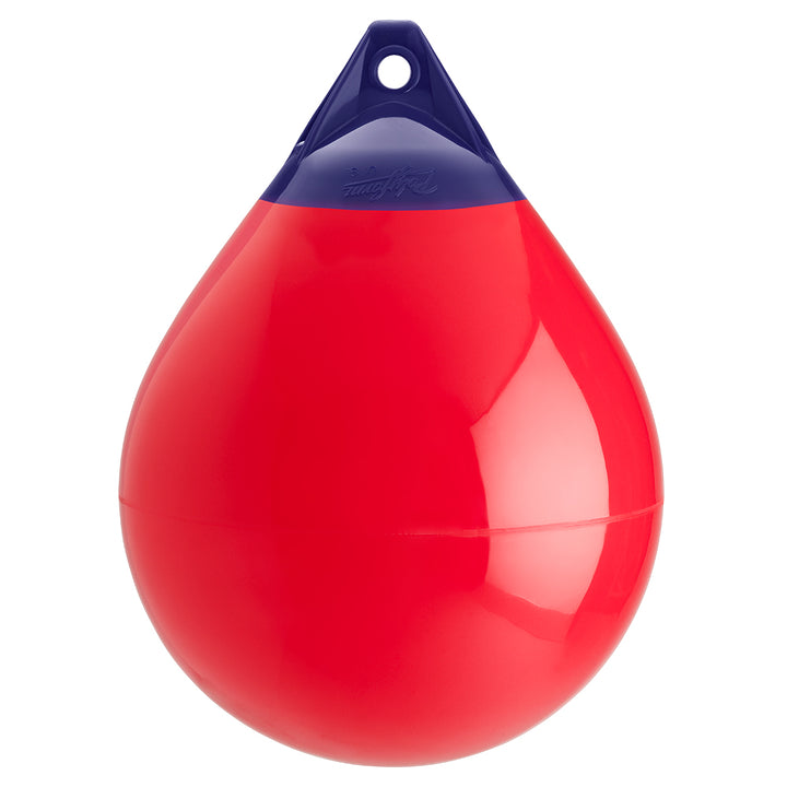Red Polyform A-4 buoy with 20.5-inch diameter, made by Polyform U.S., floating in water with reflective surface.