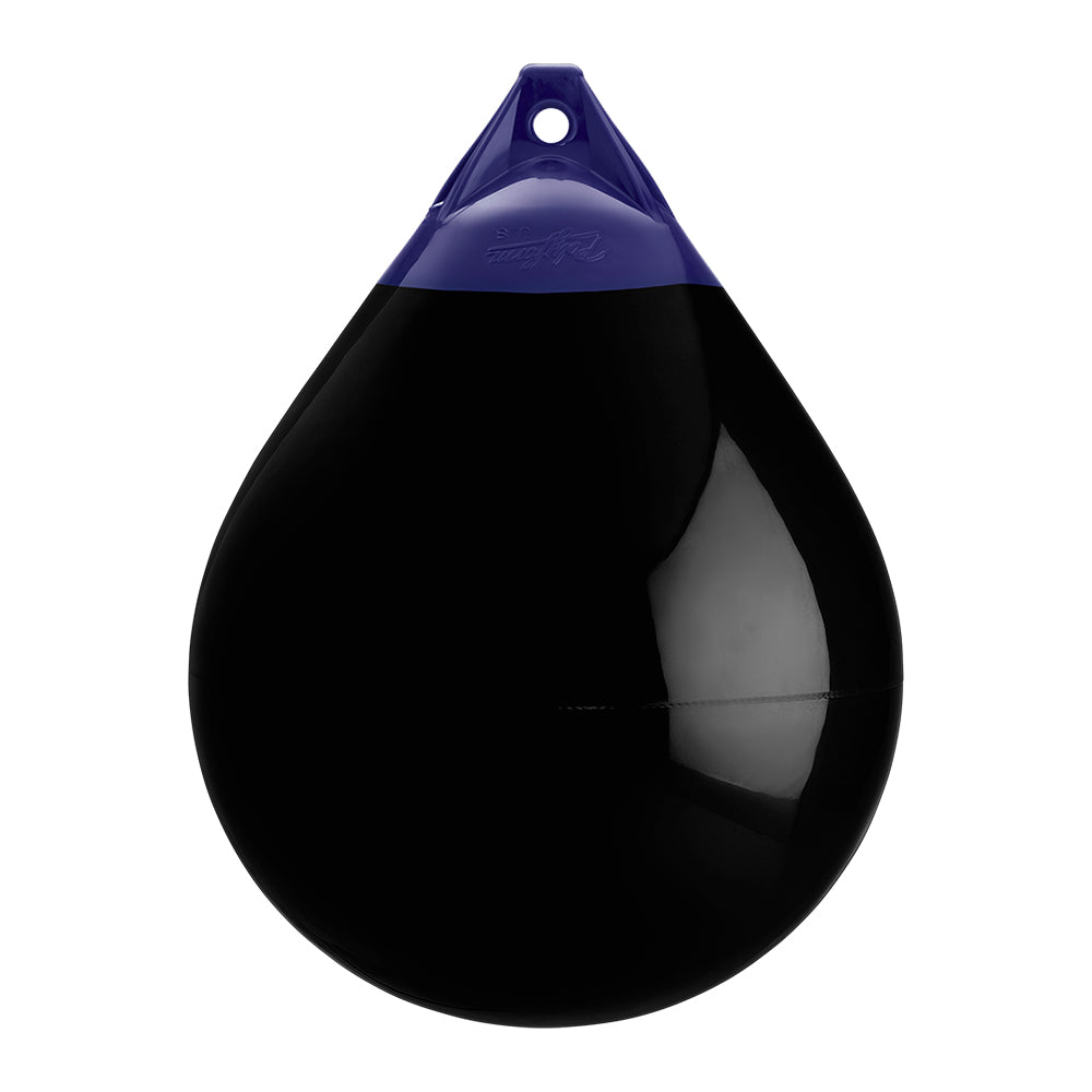Black Polyform A-5 buoy, 27-inch diameter, made by Polyform U.S., floating marine safety and marker buoy.