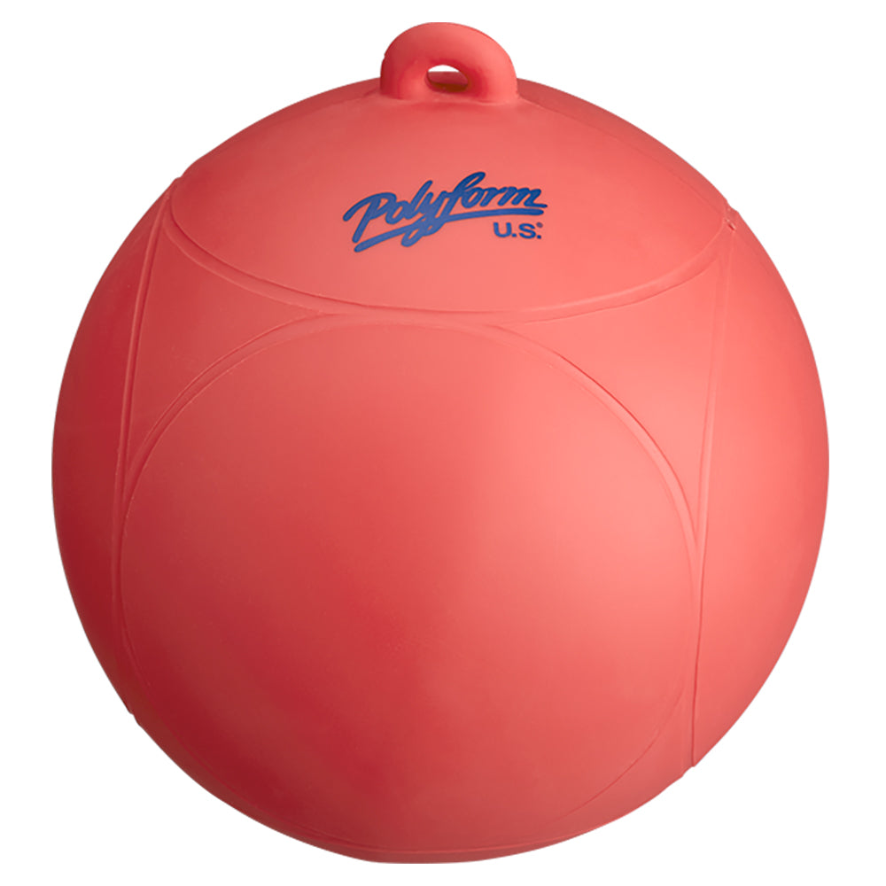 Red Polyform U.S. Water Ski Series Buoy floating in water with clear surface and branding visible.