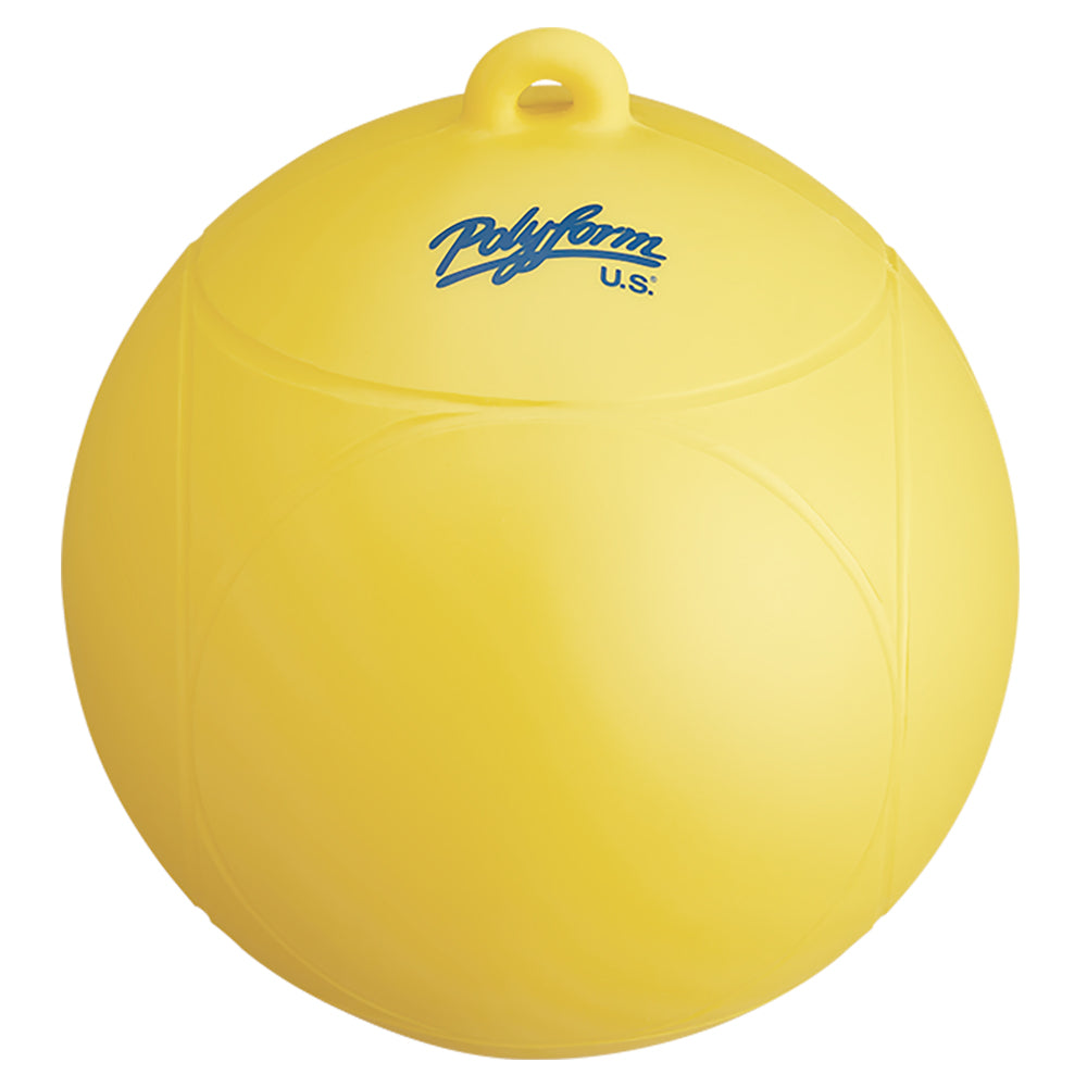 Yellow Polyform U.S. Water Ski Series Buoy floating in water with a visible brand marking, designed for water sports and safety.