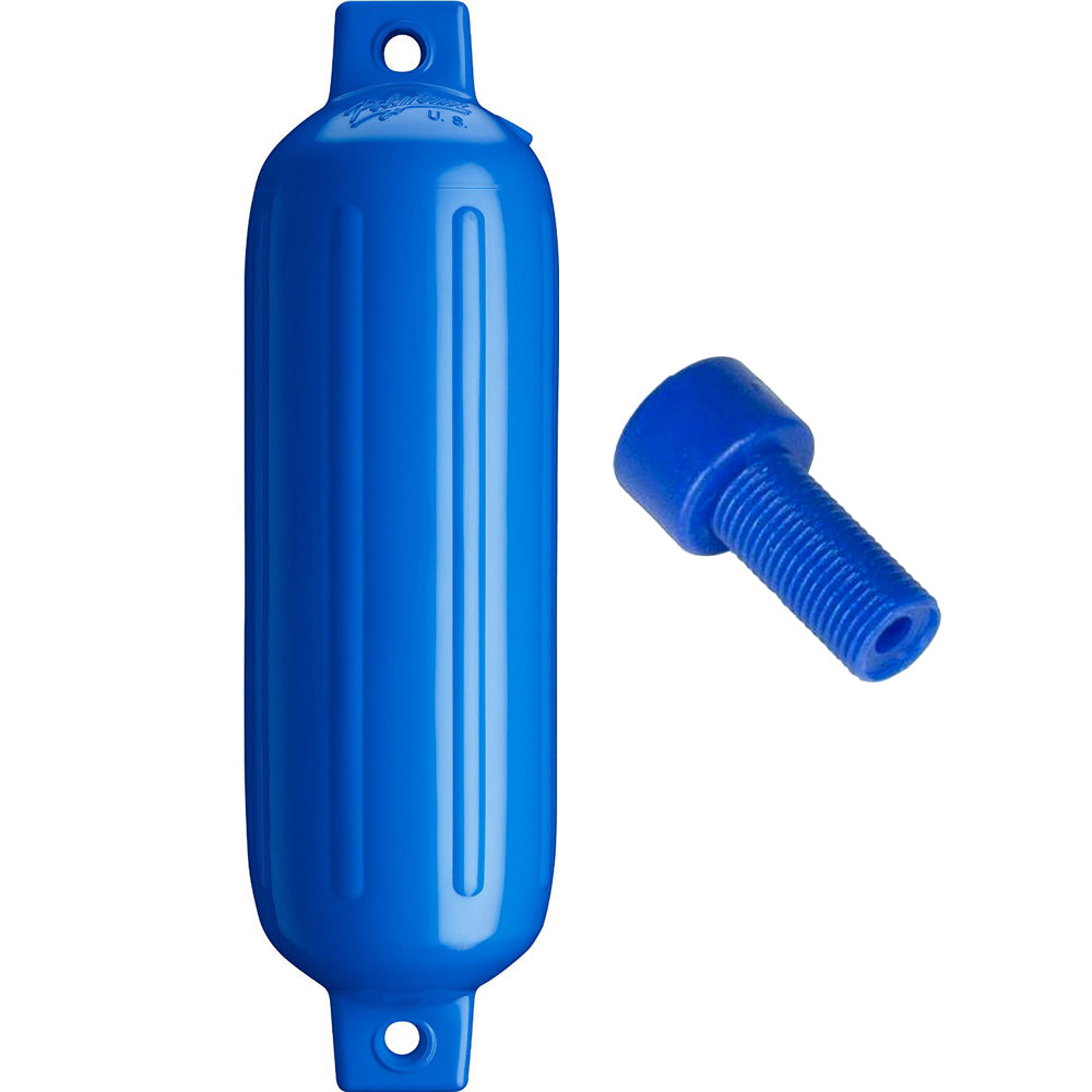 Blue Polyform U.S. G-3 Twin Eye Fender, 5.5" x 19" with adapter, designed for boat protection and docking.