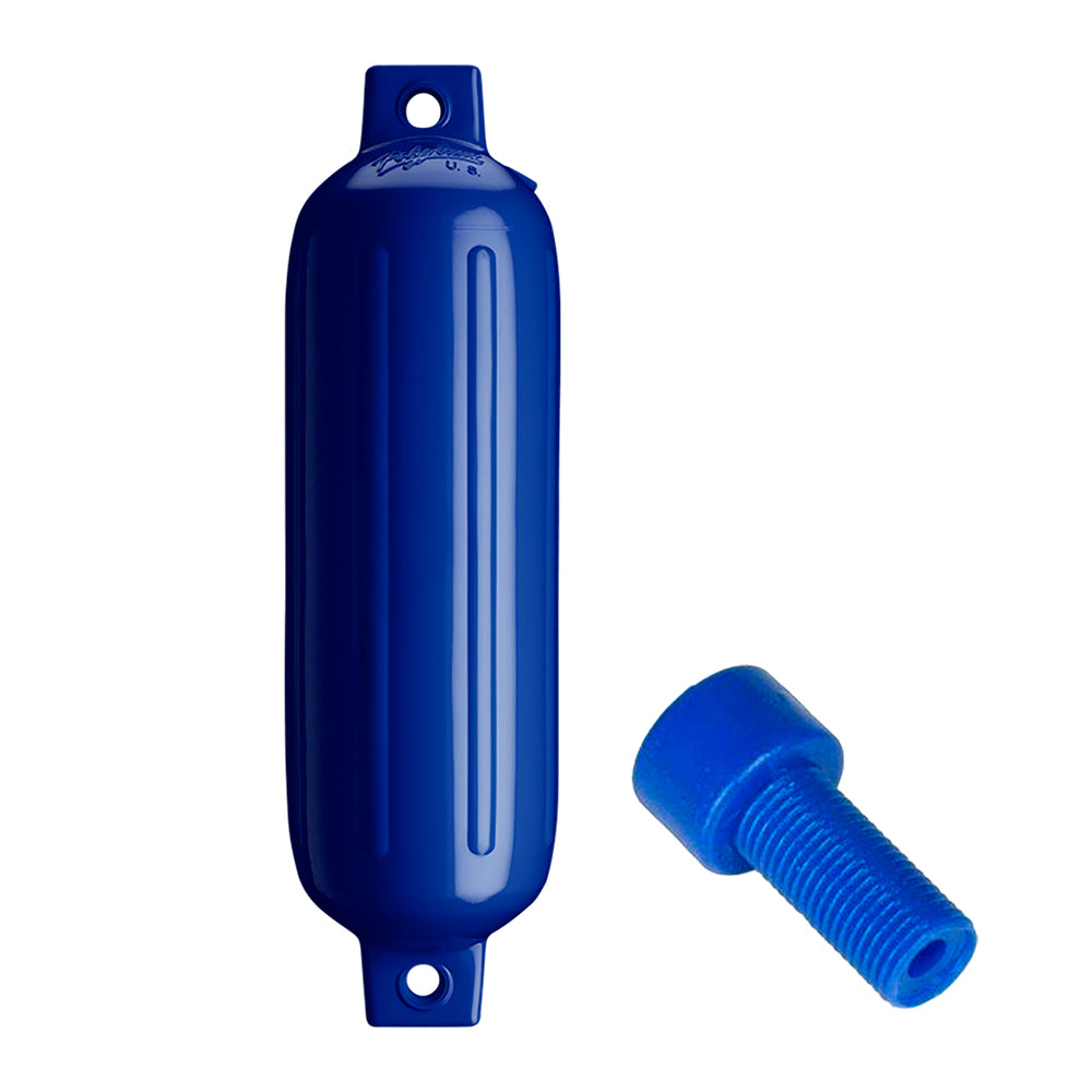 Polyform G-3 twin eye fender in cobalt blue, 5.5" x 19", with adapter, designed for boat protection and durable marine use.