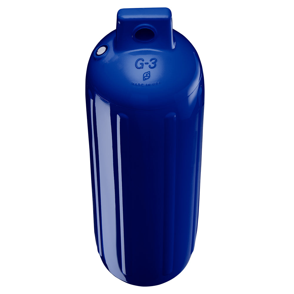 Polyform G-3 Twin Eye Fender in Cobalt Blue, 5.5" x 19", with adapter, designed for boat protection and durability.