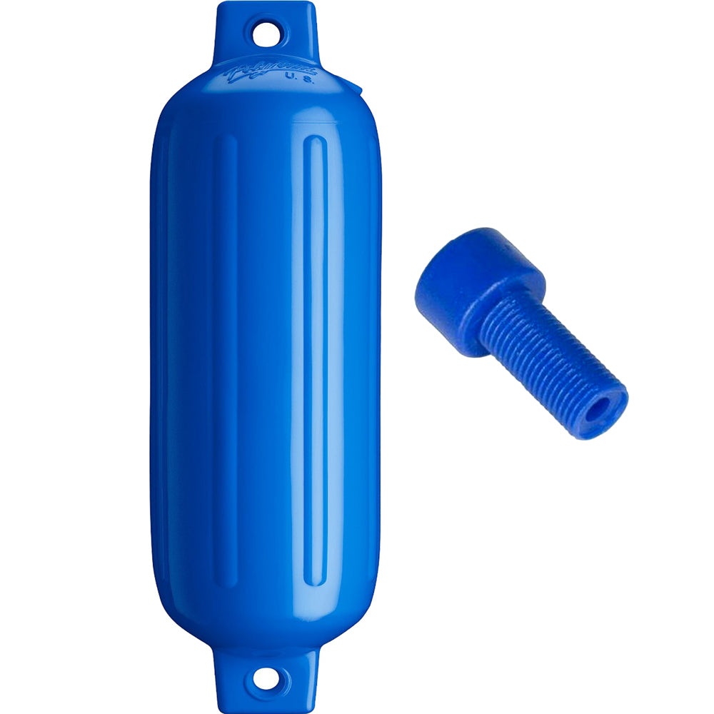 Blue Polyform G-4 Twin Eye Fender, 6.5" x 22", with adapter, designed for marine boats, by Polyform U.S.