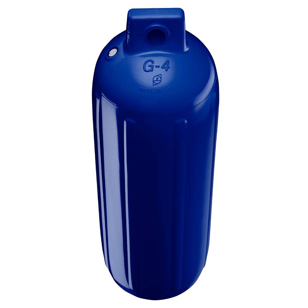 Polyform G-4 Twin Eye Fender in Cobalt Blue, 6.5" x 22", with adapter, showing the durable polyurethane construction.