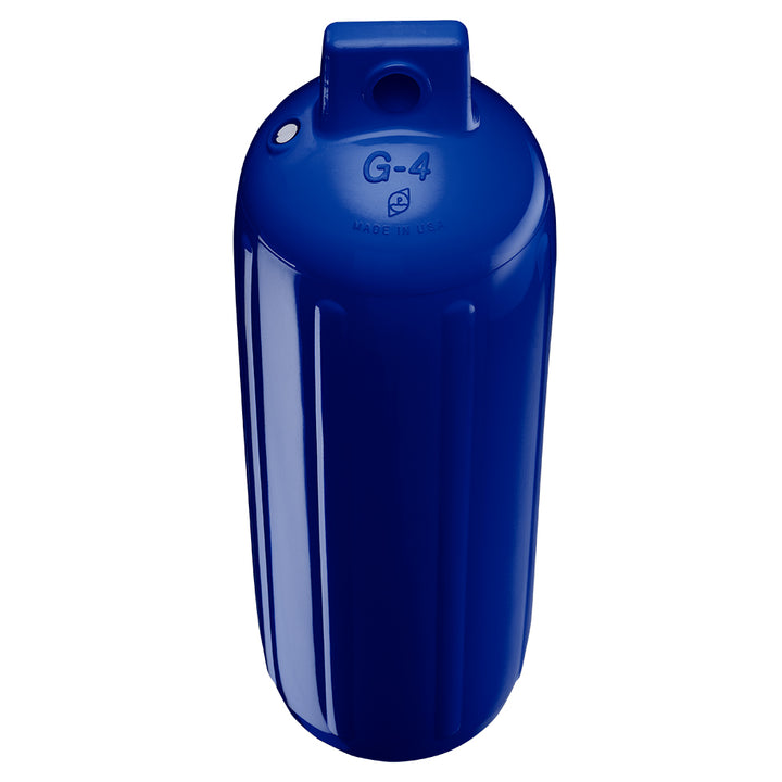 Polyform G-4 Twin Eye Fender in Cobalt Blue, 6.5" x 22", with adapter, showing the durable polyurethane construction.