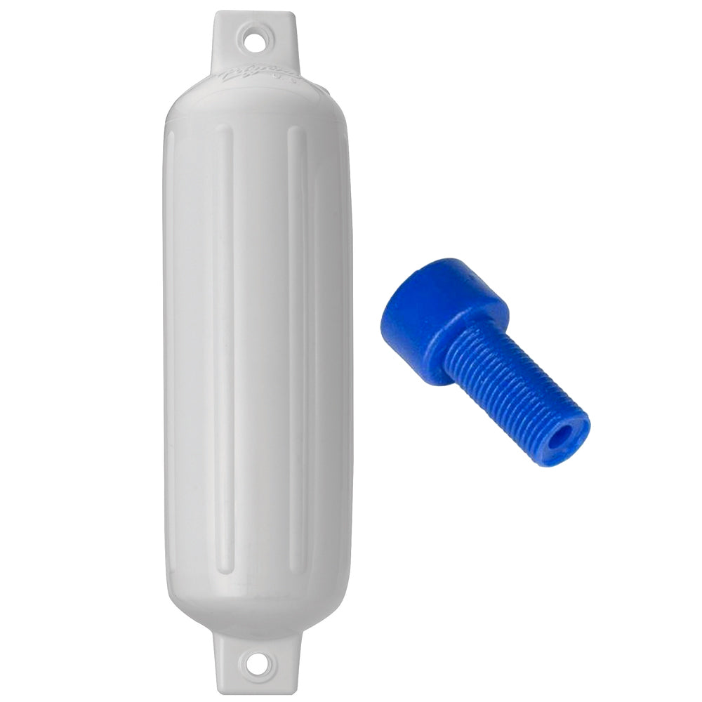 Polyform G-4 Twin Eye Fender in white, 6.5x22 inches with adapter, designed for marine boat protection and docking.