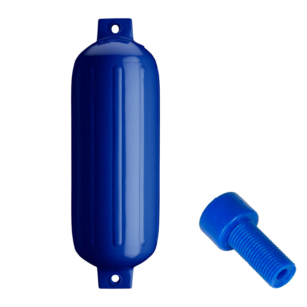Polyform G-5 Twin Eye Fender in cobalt blue, 8.8" x 26.8" with adapter, designed for boat protection and durability.