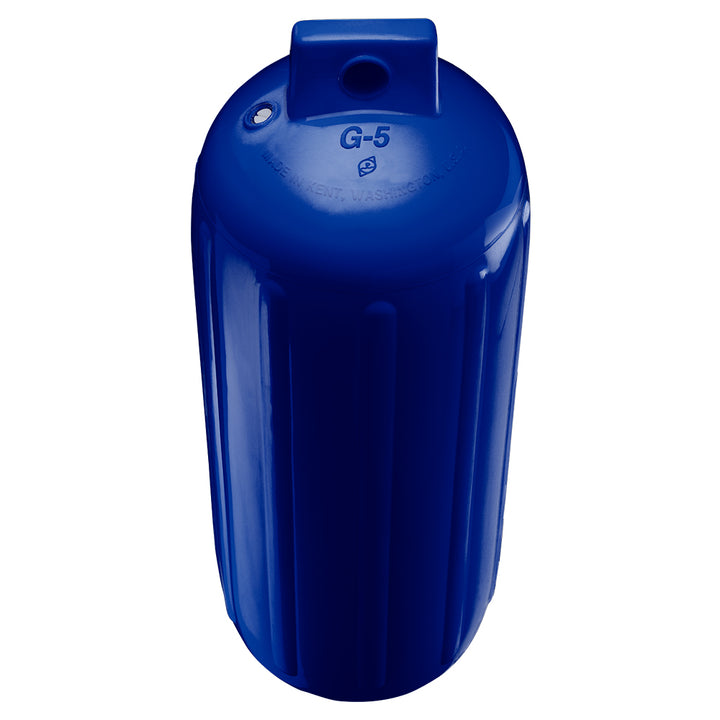 Polyform G-5 Twin Eye Fender in Cobalt Blue, 8.8" x 26.8", with adapter, designed for marine boats and docks.