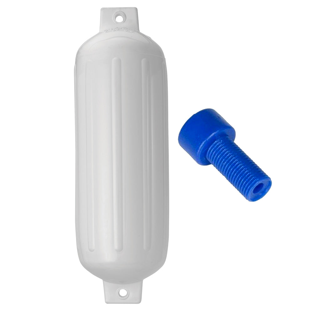 Polyform U.S. G-5 Twin Eye Fender in white, 8.8" x 26.8", with adapter, used for boat protection and docking.