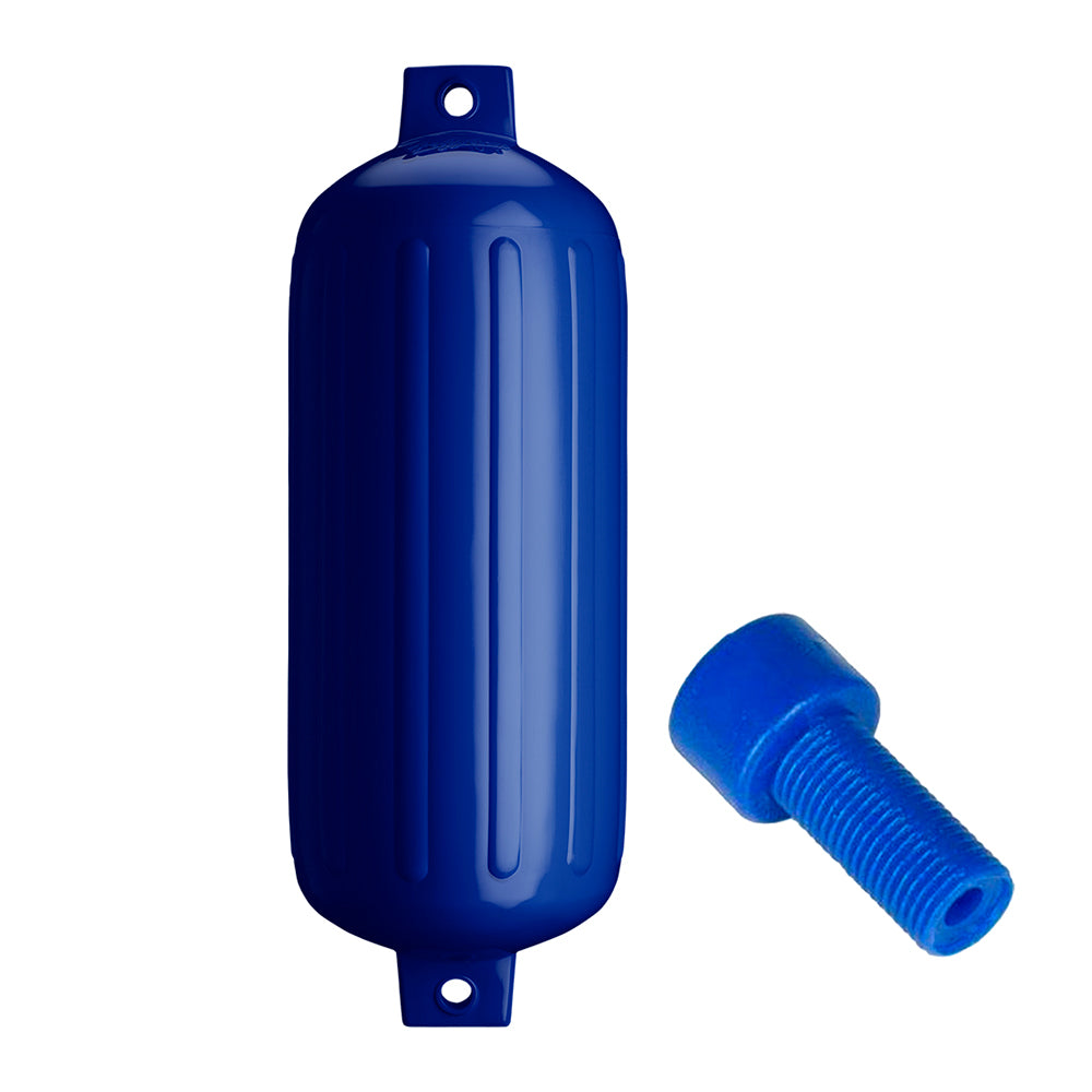 Polyform G-6 Twin Eye Fender in cobalt blue, 11x30 inches, with adapter for boat protection and docking.
