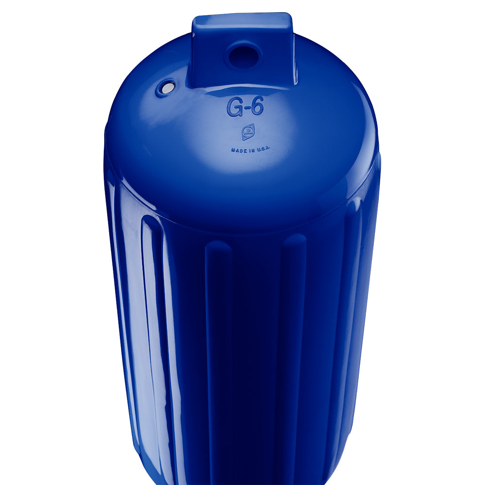 Polyform G-6 Twin Eye Fender in cobalt blue, 11x30 inches, with adapter for boat protection and docking.