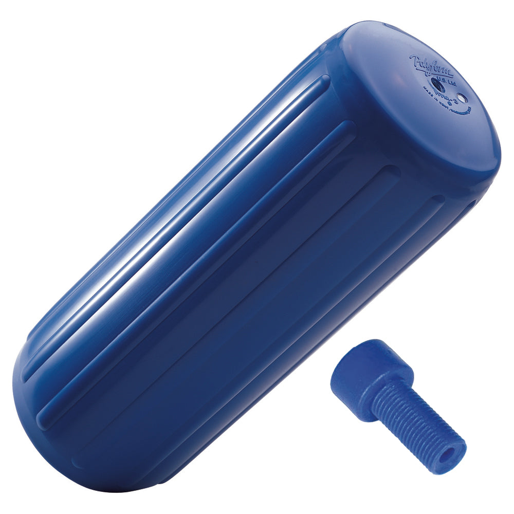 Polyform U.S. HTM-1 Fender in blue, 6.3" x 15.5" with adapter, designed for boat protection and durability.