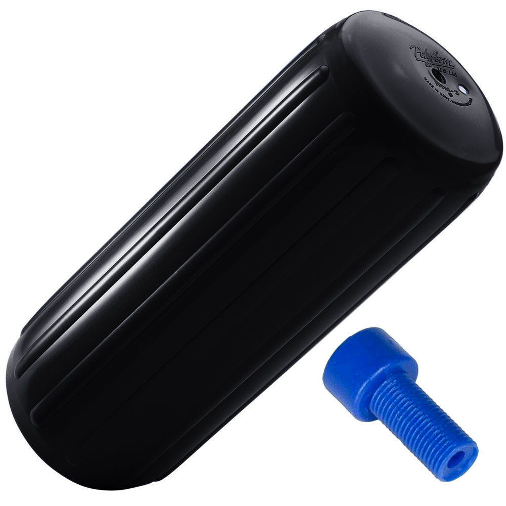 Polyform HTM-3 boat fender in black, 10.5 x 27 inches with adapter, designed for marine protection and dock bumping.