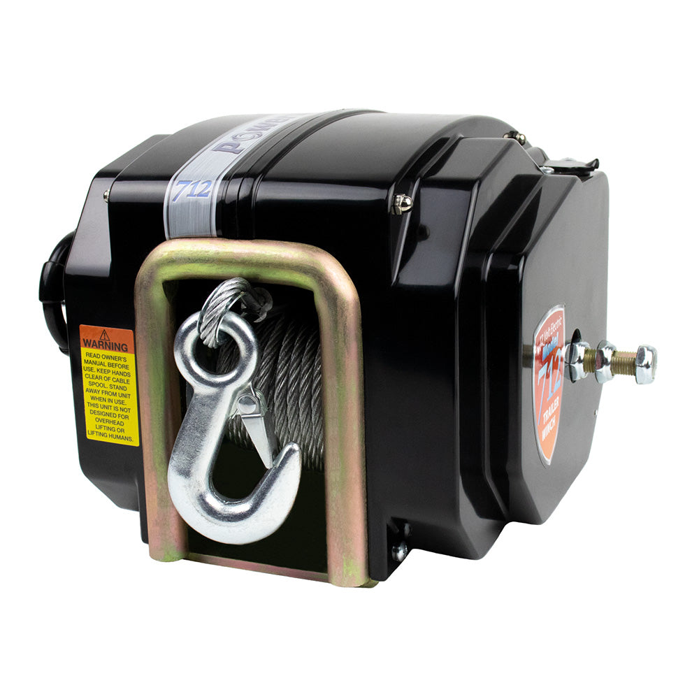 Powerwinch 712A trailer winch with 20-foot strap, durable steel construction for safe cargo loading and hauling.