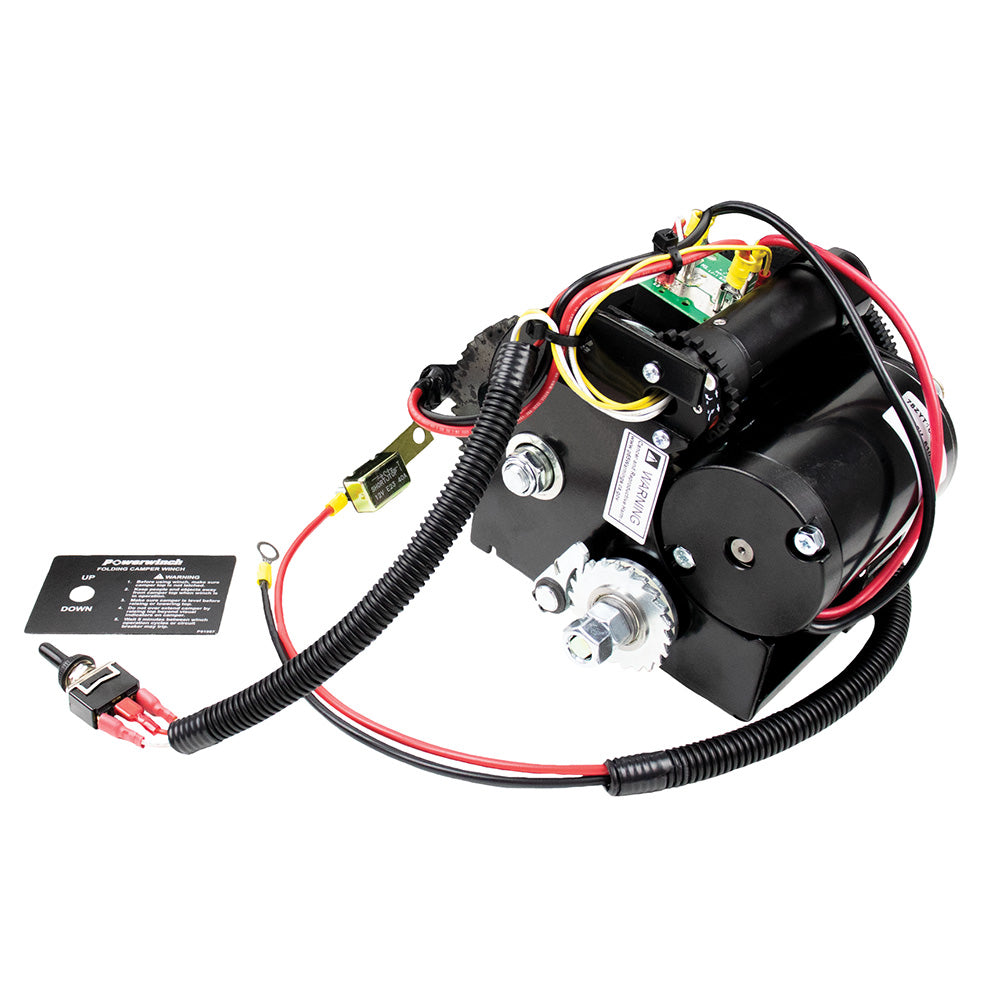 Powerwinch folding pop-up camper trailer winch with 1200lb lift capacity, designed for reliable lifting and securing.