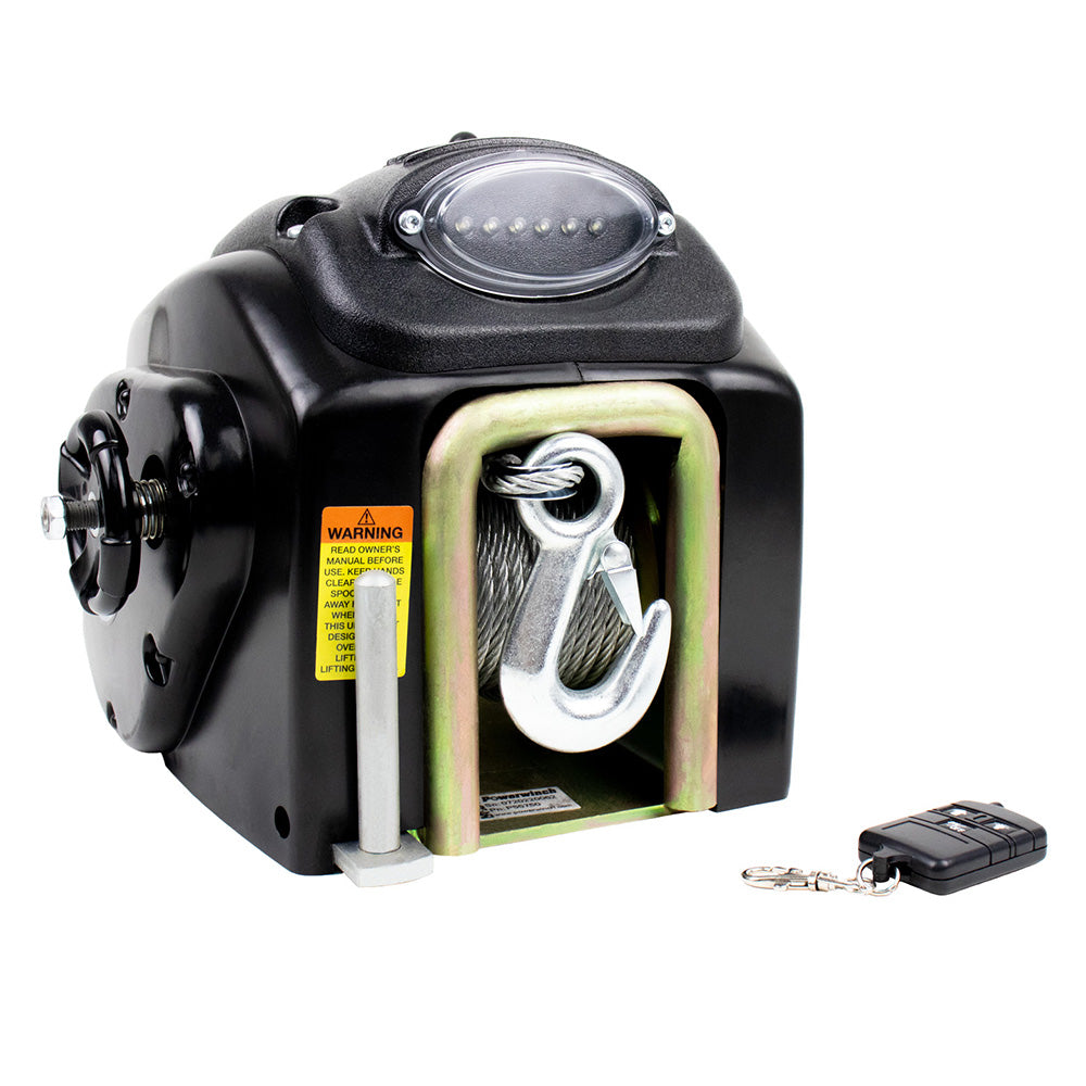 Powerwinch RC23 trailer winch with 20-foot strap, durable metal construction for reliable boat and trailer hauling.