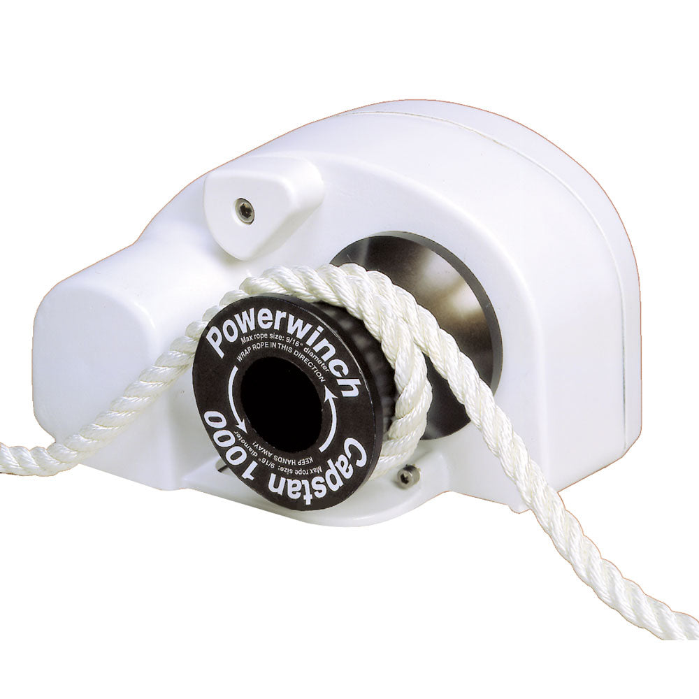 Powerwinch Capstan 1000 windlass with sturdy metal construction and control handle, designed for boat anchoring.