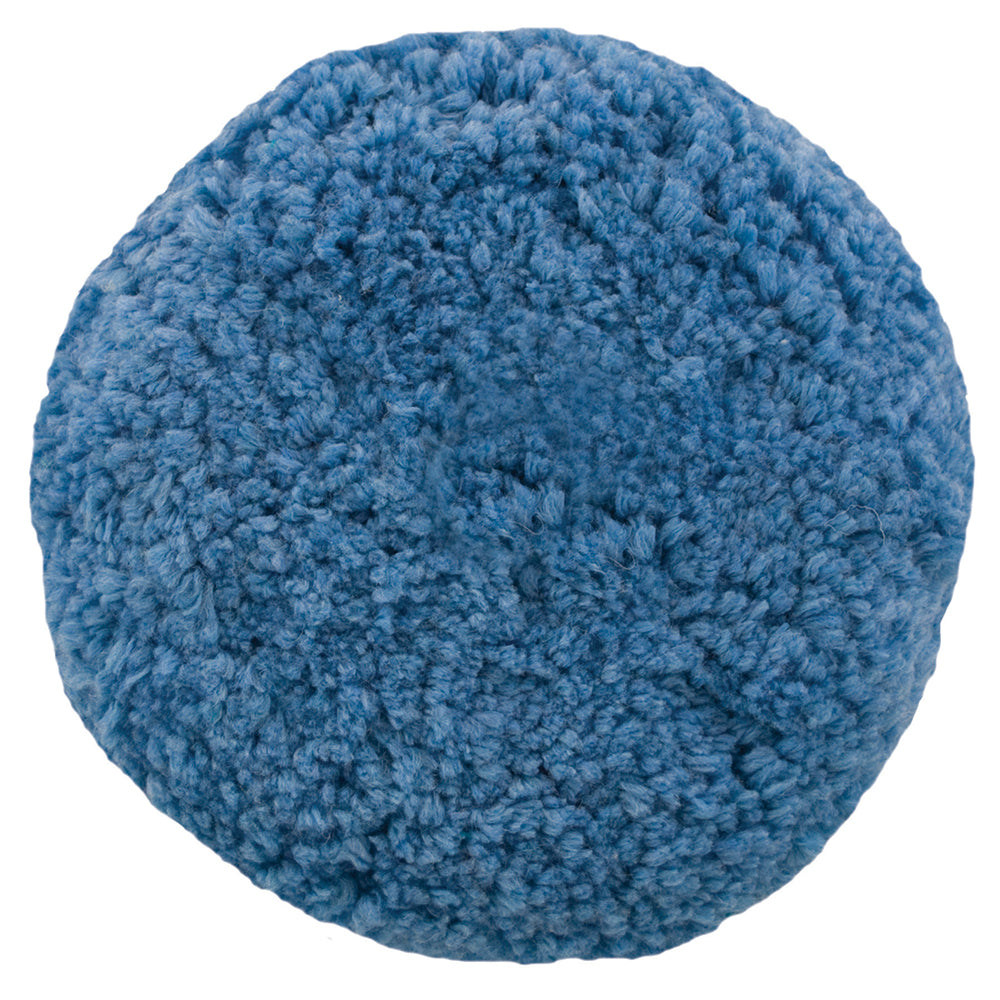 Presta rotary wool buffing pad in blue for soft polishing, used for cleaning and detailing automotive or marine surfaces.