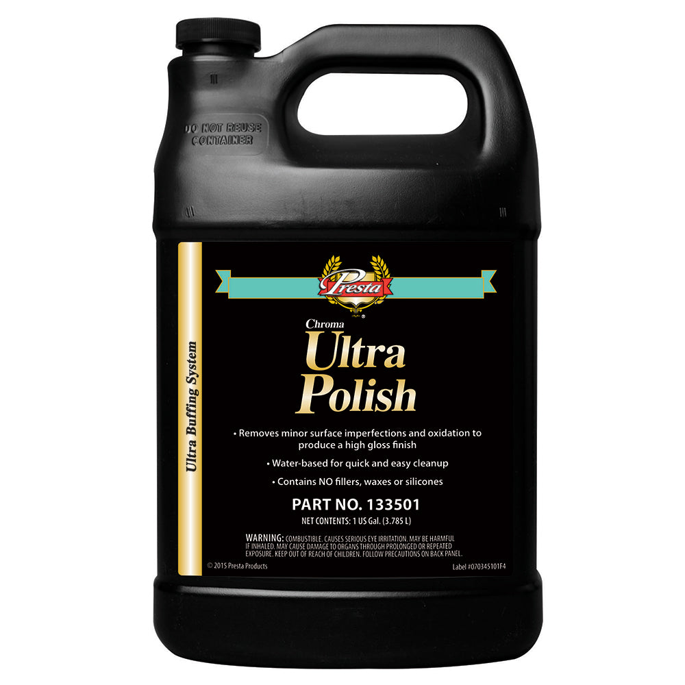 Presta Ultra Polish Chroma 1500 cleaning product in a 1-gallon container, designed for vehicle surface polishing and protection.