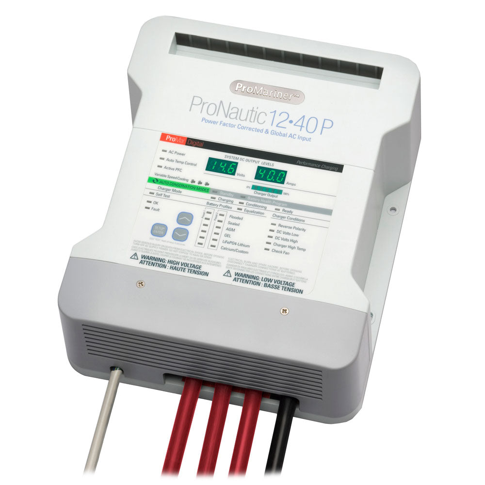 ProMariner ProNautic 1240P 40 Amp 3-bank battery charger for marine use, with multiple charging banks and digital display.