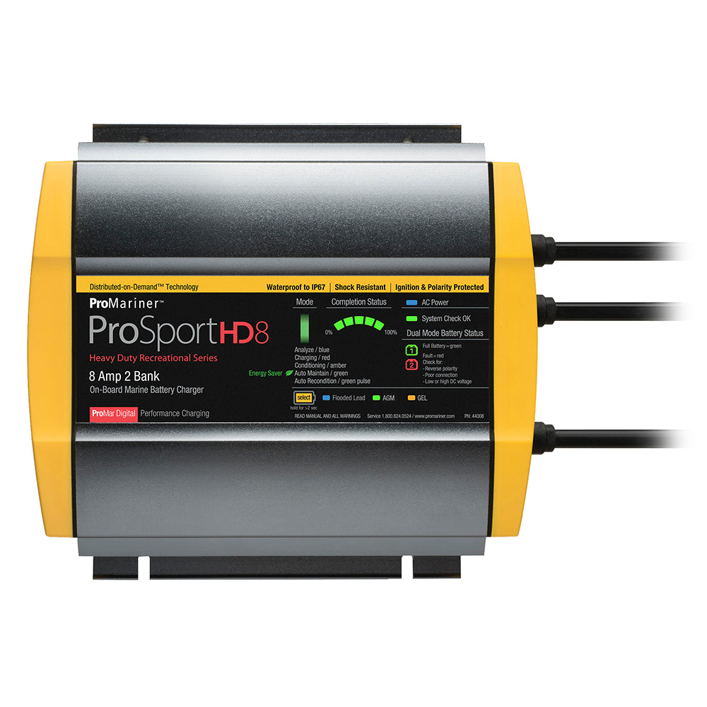 ProMariner ProSportHD 8 Gen 4 8 Amp 2-bank battery charger for marine batteries, compact and durable design.