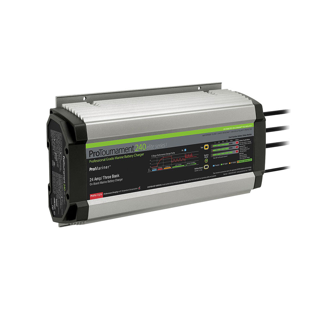 ProMariner ProTournament 240 Elite Series 3 3-Bank Marine Battery Charger showing multiple charging ports and digital display