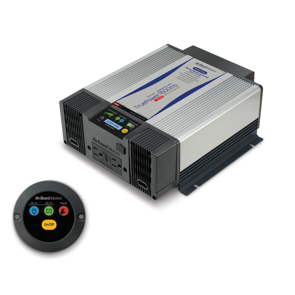 ProMariner TruePower Plus 1500W modified sine wave inverter showing digital display and connection ports.