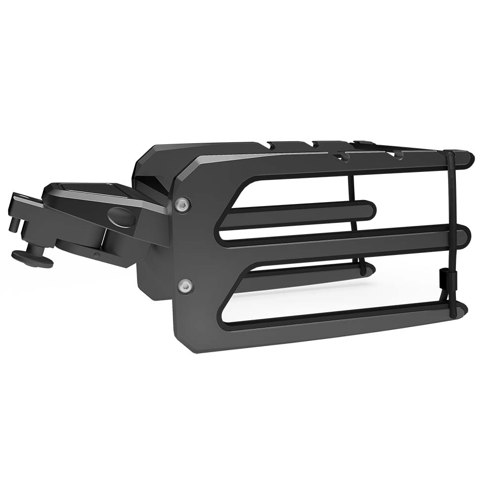 PTM Watersports swivel bungee board rack in black, a versatile accessory designed to securely hold boards and gear.