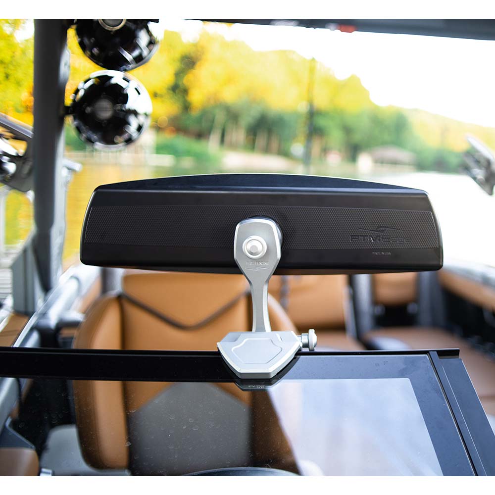 PTM Watersports VR-140 Pro mirror cover combo in black, designed for PTM Edge watercraft mirrors, shown on a boat.